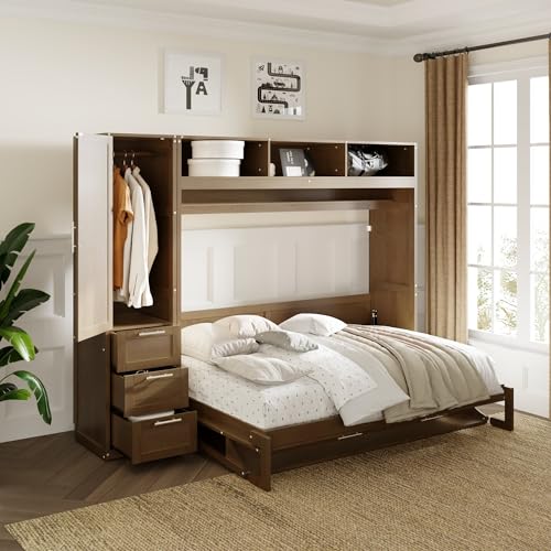Full Size Murphy Bed Wall Bed with Wardrobe, 3 Drawers and 3 Open Top Shelves, Wooden Murphy Bed Chest with a Long Shelf, Platform Bed Frame Folds into Cabinet, Space-Saving Design (Antique Grey)