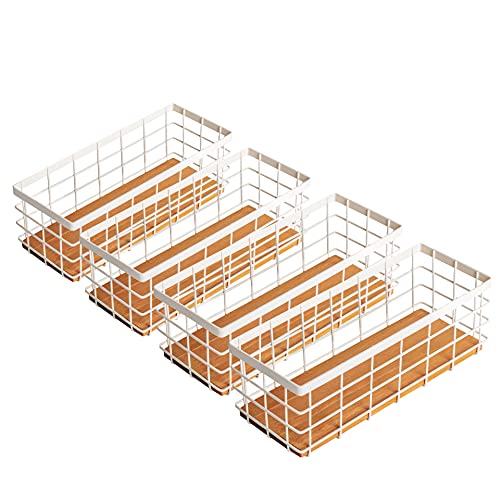 TIEYIPIN Farmhouse Small Metal Wire Storage Basket Bin, Rustic Home Storage Organizer with Wooden Bottom for Kitchen, Cabinets, Bathroom Counter, Pantry, Garage, Laundry Room - Black (2 Pack)