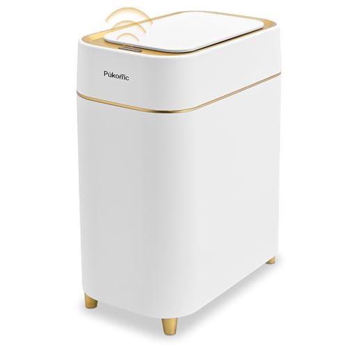 Pukomc Automatic Small Sensor Trash Can with Touchless Lid, 2.3 Gallon / 9L Smart Garbage Can, Quiet Close White Gold Waste Bin - Perfect for Kitchen, Living Room & Small Spaces