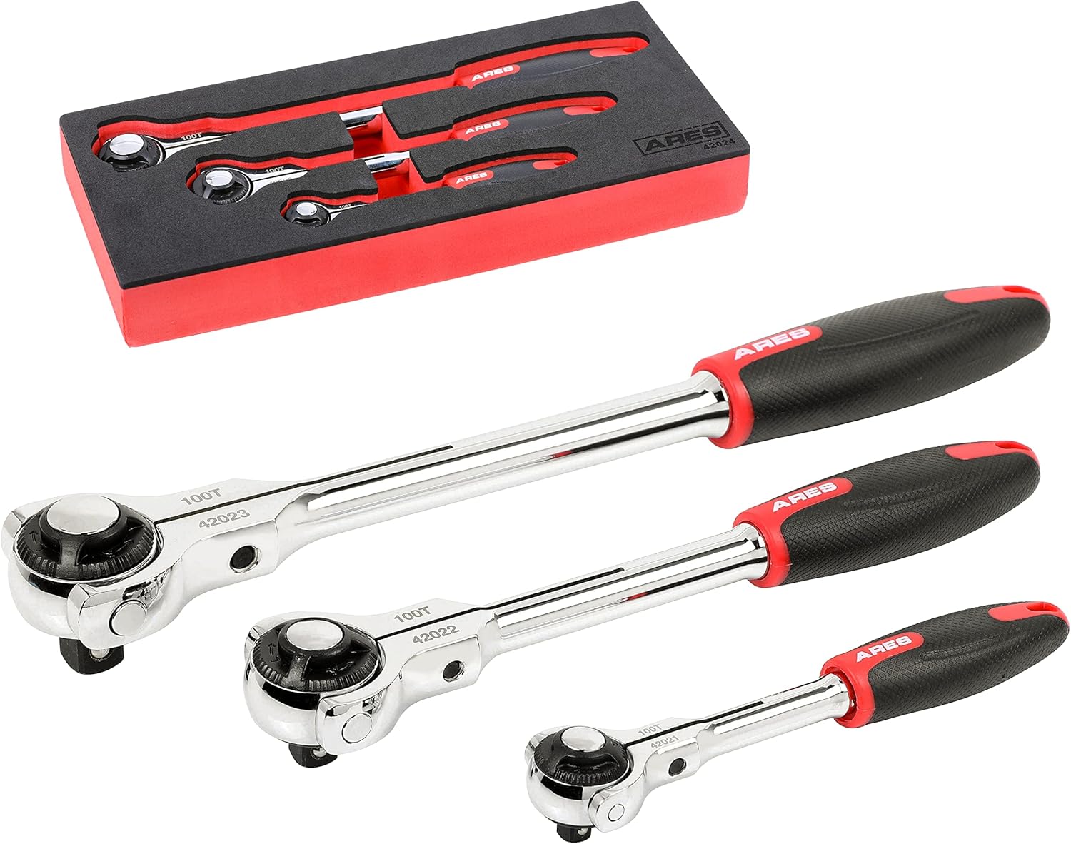 ARES 42024-3-Piece 100-Tooth Swivel Head Ratchet Set - 1/4-inch, 3/8-inch, and 1/2-inch Drive - 270 Degree Swivel Action - Comfort Grip TPR Handles – Quick-Release Head Design - EVA Foam Storage Tray Pack of 2