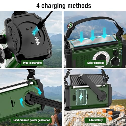 Emergency Radio,37000mWh Hand Crank Radio, Solar, NOAA/AM/FM Weather, 4 Charging Methods, Polymer Battery, Flashlight & Reading Lamp, SOS Alarm, Camping Compass,Outdoors Mobile Power Bank