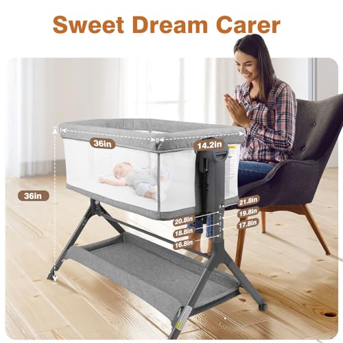 3-in-1 Baby Bassinet, Bedside Bassinet Sleeper, Rocking Bassinet with Comfy Mattress&Breathable Mesh, 6-Height Adjustable, Quiet Moveable & Easy-Assembly Grey Crib, 0-5 Months Baby