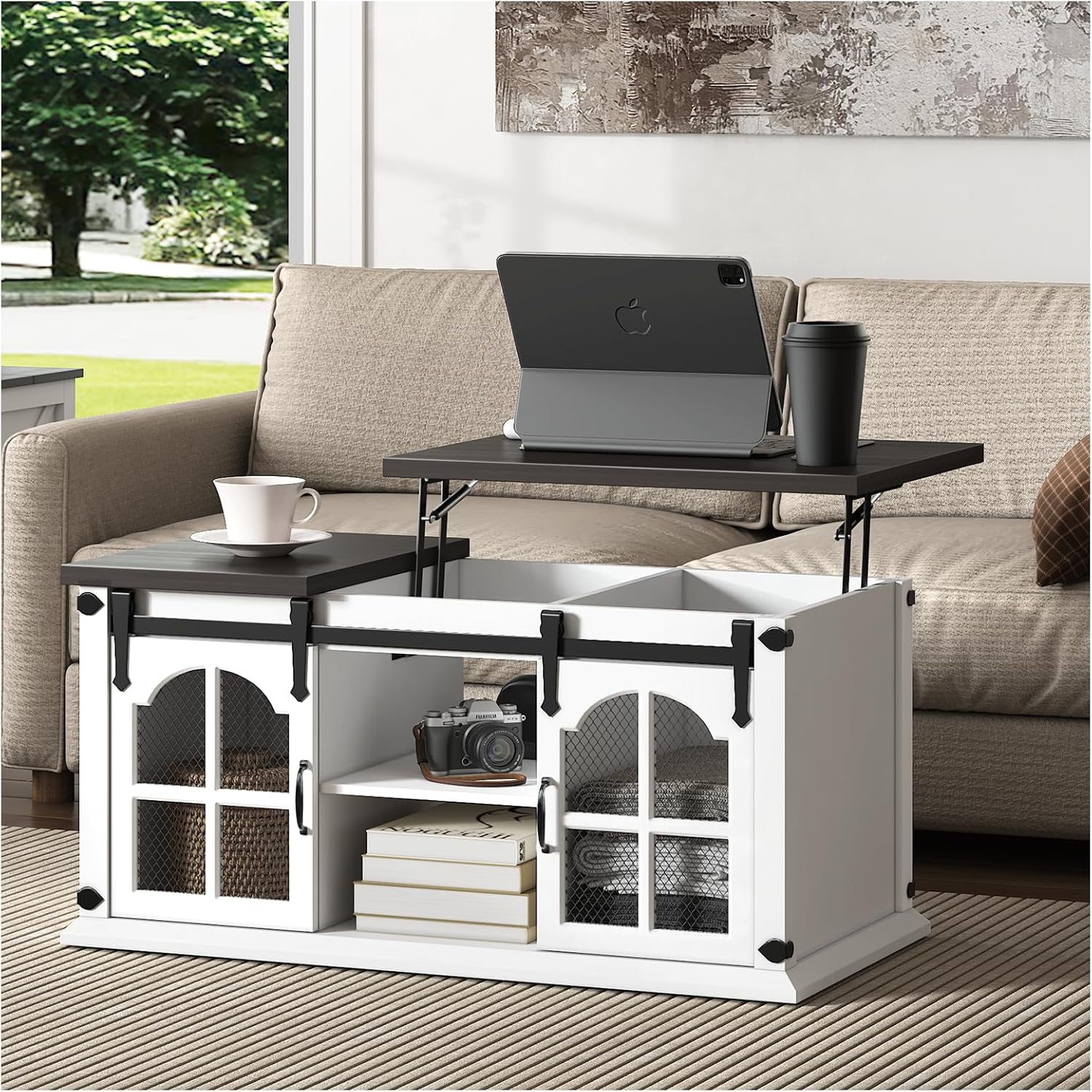 Lift Top Coffee Table with Storage,Farmhouse Coffee Table with Sliding Barn Door,Rustic Center Table with Shelves,Wood Storage Coffee Table with Lifting Top for Living Room,Office,White