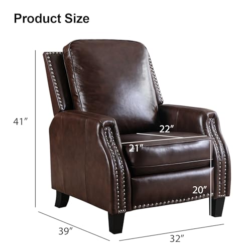 CANMOV Genuine Leather Recliner Chair Set of 2, Classic and Traditional Push Back Recliner Chair with Solid Wood Legs, Adjustable Single Sofa with Nailhead Trim for Living Room,Bedroom, Reddish Brown
