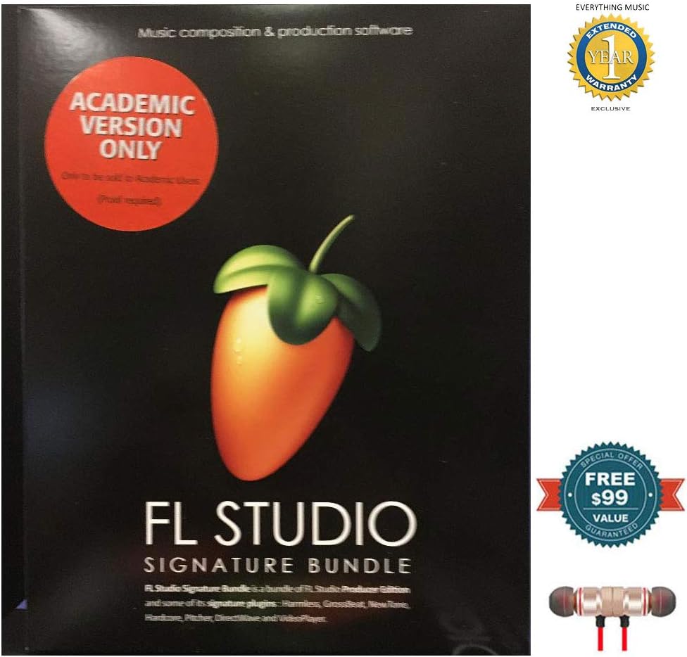Fl Studio 20 Signature Edition Academic Student/Teacher Boxed includes Free Wireless Earbuds - Stereo Bluetooth In-ear and 1 Year Everything Music Extended Warranty