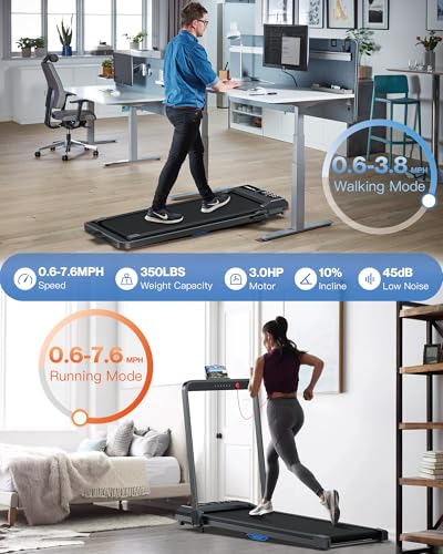 WELLFIT 10% Incline Walking Pad, 3HP 4MPH/7.6MPH 265/350 lb+ Capacity Treadmills for Home, Wide Running Area Treadmill with Mute Remote, APP and Console Control for Small Space, No Assemble