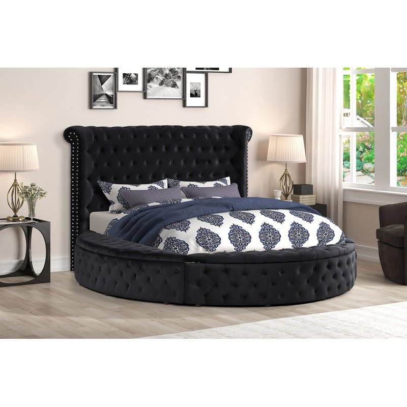 First of a Kind Circle Velvet tufted upholstered platform storage bed, Circle Bed with Button Tufting and Storage Compartments in Rails and Footboard, circle bed frame (Cream, California King)