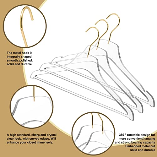 Quality Hangers Acrylic Clear Lucite Hangers - 5-Pack with Bar Gold Hooks for Clothes Pants Jackets Coats and Shirts - Closet and Wardrobe Organization (Gloss Gold Hook - 5 Pack)
