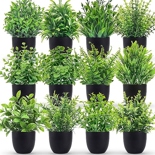Der Rose Fake Plants 4 Packs Artificial Plants Small Faux Plants in Black Pot for Bathroom Home Office Table Decor Indoor