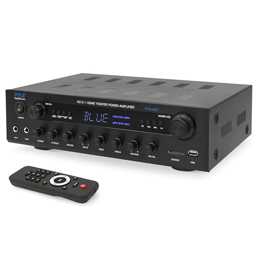 Pyle 400W Stereo Amplifier Receiver - BT Home Audio Amplifier with USB/SD Readers, FM Radio, 3.5mm Aux, Phono, Optical & Coaxial Inputs, LED Display, Mic Inputs, Built-in 2 in 1 HDMI Switch