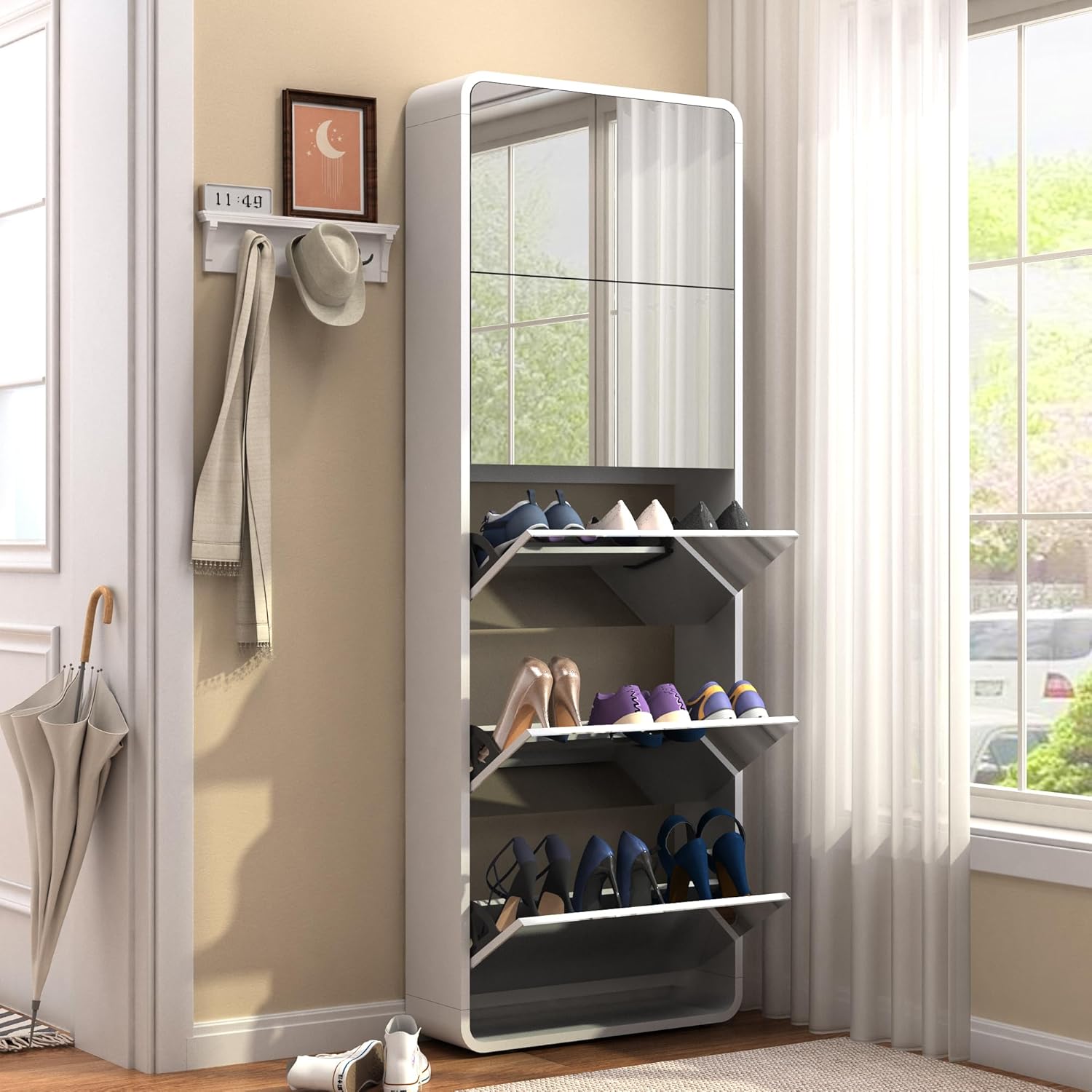 Arc Mirror Shoe Cabinet, FreeStanding Shoe Storage Organizer with Filp Drawers, 5 Tier Hidden Shoe Rack for Closet, Door, Entrance