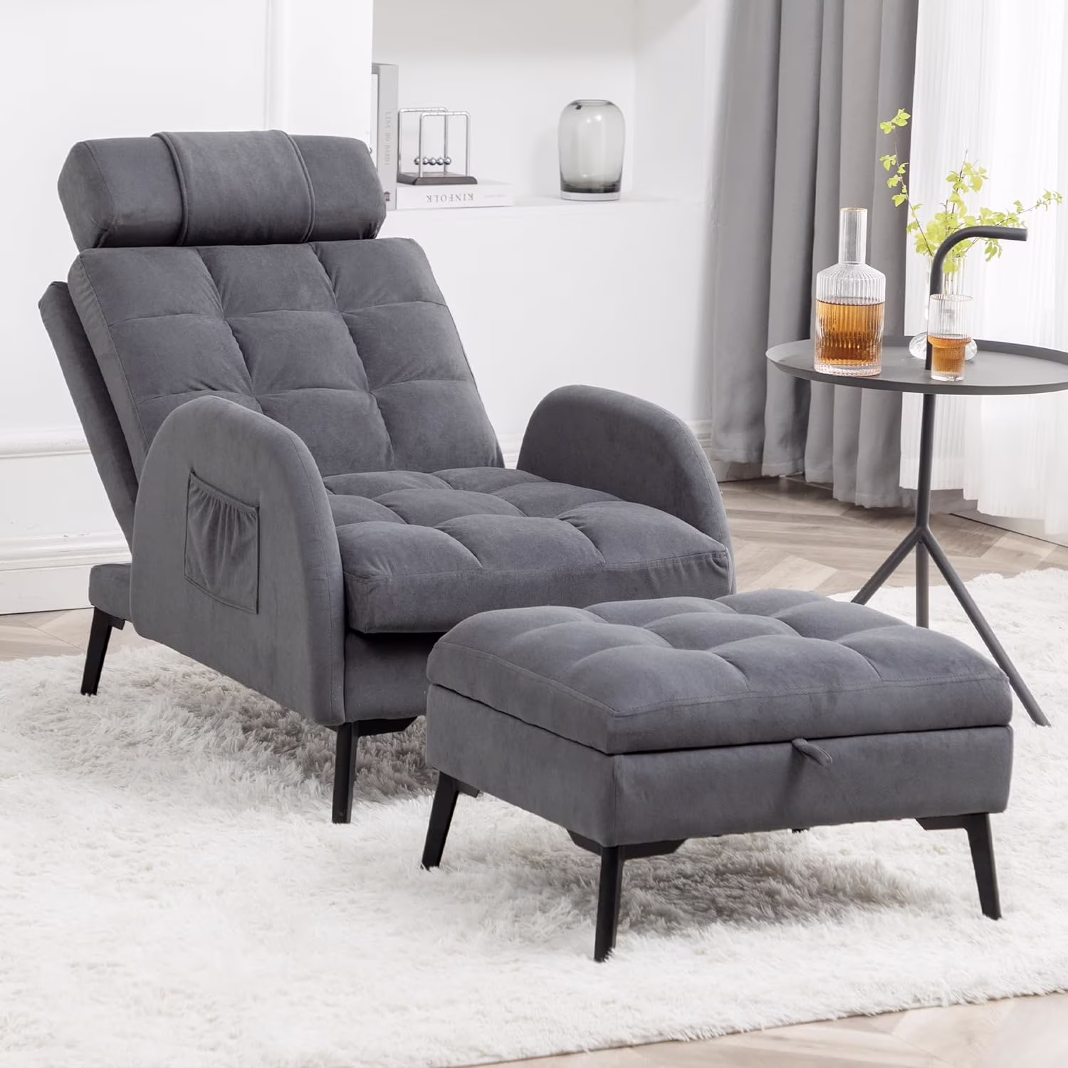 Accent Chair with Ottoman - Reading Chair and Storage Ottoman Set Comfy Velvet Lounge Arm Chair with Adjustable Backrest Cozy Reclining Sofa for Living Room Bedroom Dark Grey
