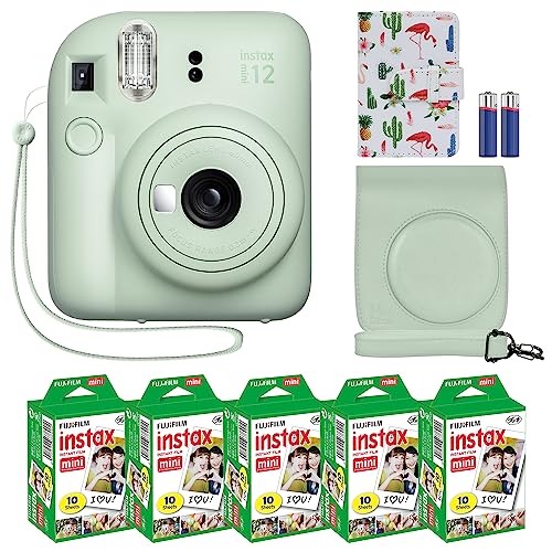 Fujifilm Instax Mini 12 Instant Camera + MiniMate Accessory Bundle & Compatible Custom Case + Fuji Instax Film Value Pack (50 Sheets) Flamingo Designer Photo Album (Blossom Pink)