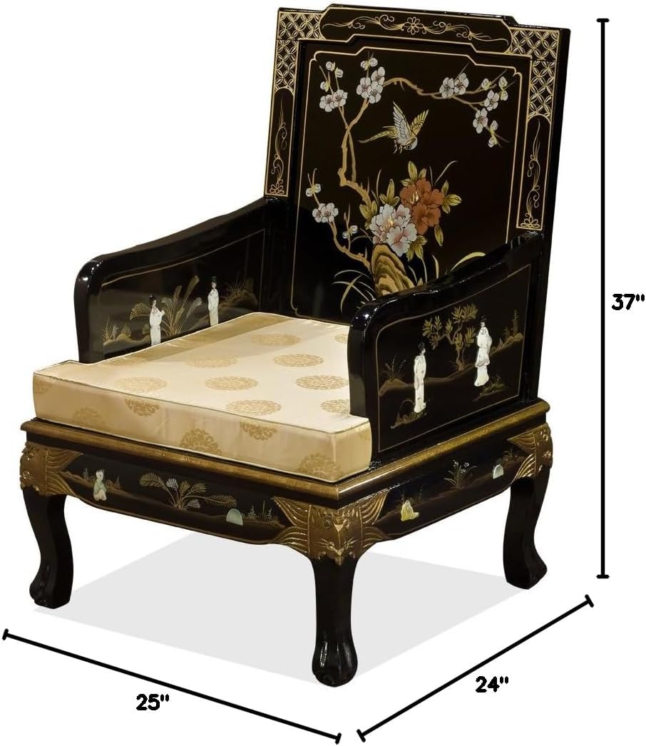 ChinaFurnitureOnline Wooden Asian Arm Chair, Black Lacquer Chinoiserie with Pearl Maidens