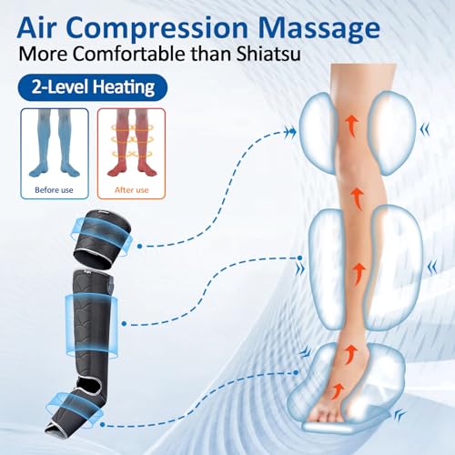 Air Compression Leg Massager with Heat, Foot and Leg Massager for Circulation and Pain Relief, Leg Wraps Massage Boots Machine for Home Use with Portable Handheld Controller - 2 Modes & 2 Intensities
