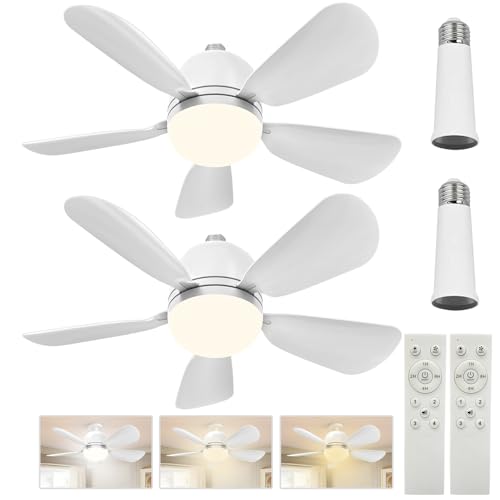2Pack Socket Fans Light With Remote, E26 Screw in Ceiling Fans with Dimmable Lights, Adjustable Powerful Airflow Quiet Ceiling Fan Light Kit Bulb for Bedroom Living Room Kitchen Garage (White 2Pack)