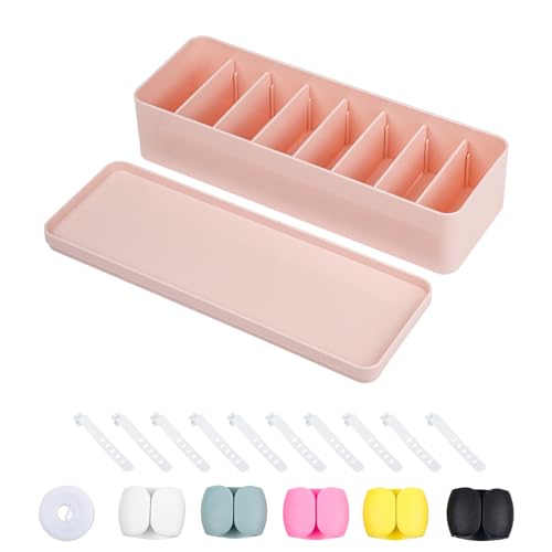 2 Pack Cord Organizer Box with Adjustable Compartments, Plastic Cable Storage Case with Lid for Desk Drawer Accessories, Stationery, USB, Phone Charger, Battery, Makeup Container (Clear)
