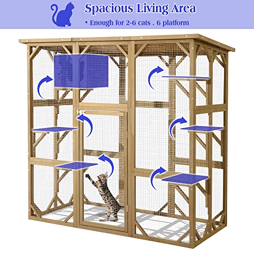 ROOMTEC 70 Inch Large Wooden Catio Outdoor & Indoor Cat Enclosure, Luxury Pet-House with Resting Box & 6 Jumping Platforms, Kitty Condo Shelter for Play, Weather Protection Asphalt Roof
