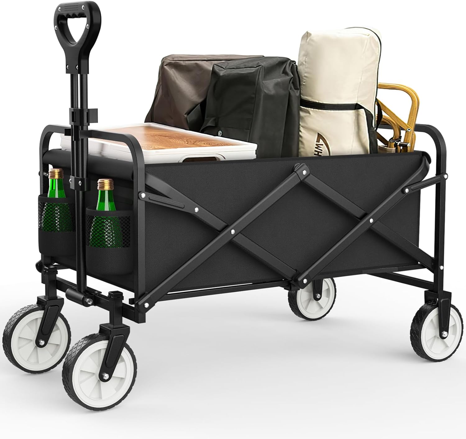 Collapsible Folding Wagon Cart, Outdoor Utility Wagon Cart Heavy Duty Foldable with Universal Wheels & Adjustable Handle, Foldable Grocery Wagon for Garden Camping Shopping Sports