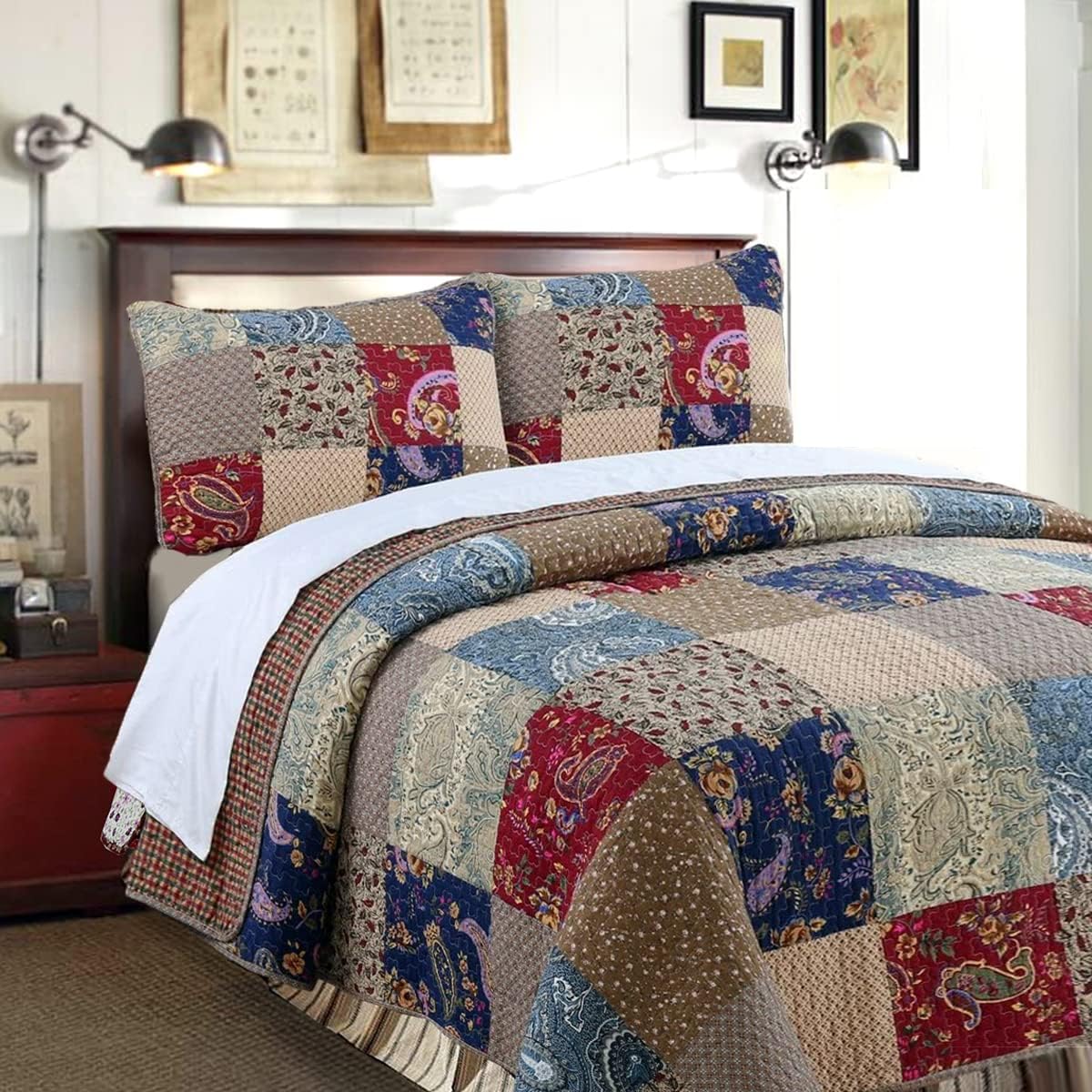 Cozy Line Home Fashions Floral Paisley Print 100% Cotton Real Patchwork Quilt Bedding Set, Reversible Coverlet, Bedspread(Sanders Red, King - 3 Piece)