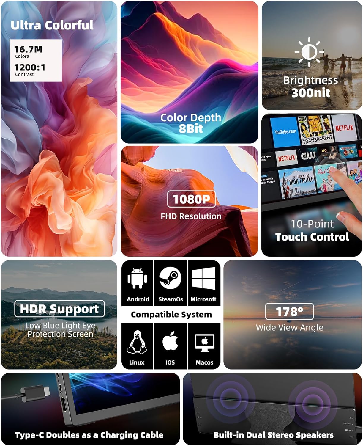 Portable Monitor Touchscreen 15.6'' 1080P FHD Laptop Travel Display USB C, HDMI Computer Monitor IPS Gaming Monitor w/Cover, HDR Eye Care Screen, Plug&Play Suitable for PC MAC Phone Xbox PS4/5 Switch