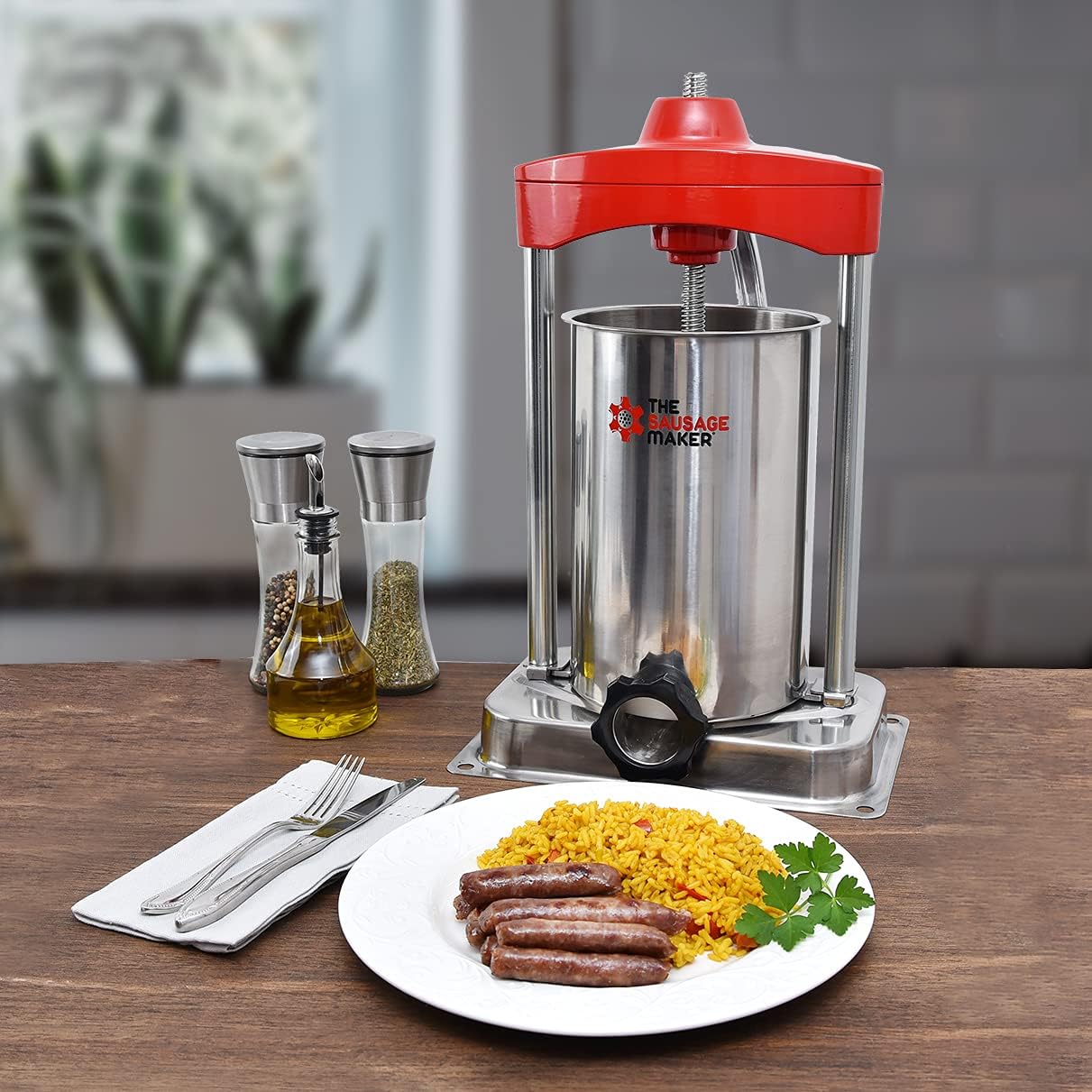 The Sausage Maker - 10 lb. Heavy Duty Vertical Sausage Stuffer - Includes Stuffing Tubes - Stainless Steel Frame, Metal Gears