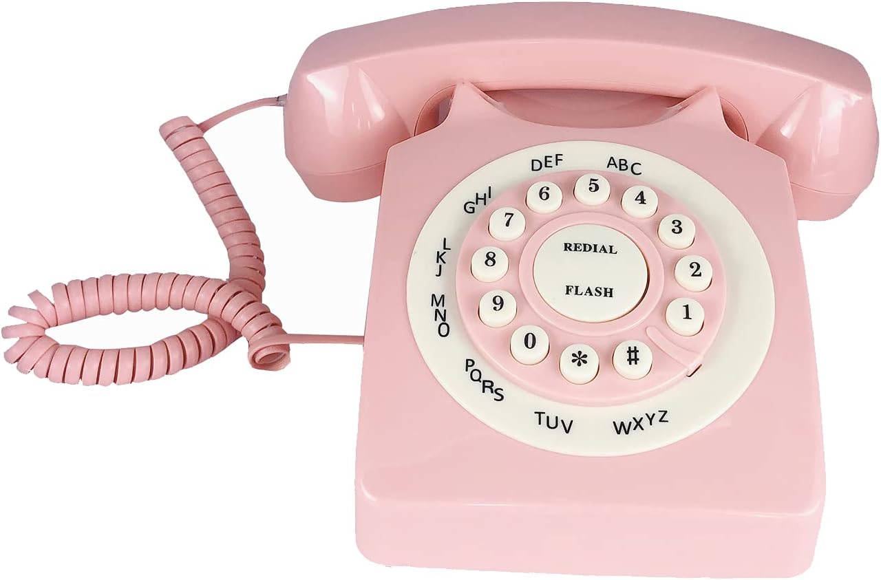 Pink Retro Landline Telephone Classic Rotary Design Old Fashioned Corded Desk Phone with Ringer for Home and Office, Basic 80s Phones for Senior People