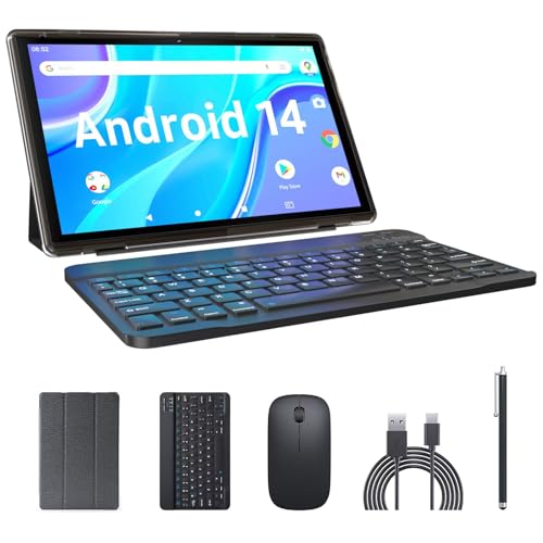 ATOZEE 10 in Tablet 2 in 1 Android 14 Tablets with Keyboard 10 inch Tabletas, Include Mouse Stylus Pen Case, 6000mAh 6GB+32GB ROM 1TB Expandable Tableta, 2MP+8MP Dual Camera, WiFi-6 BT Tablet PC.