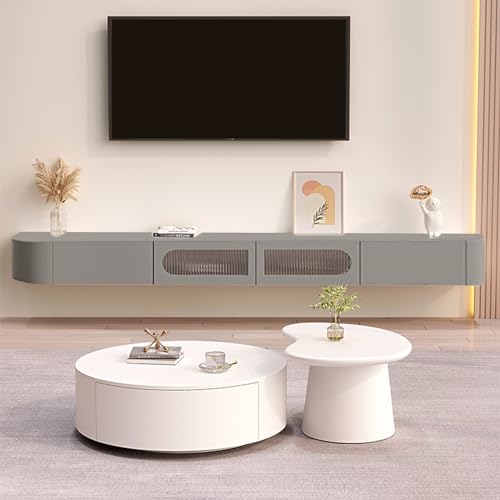 Floating TV Stand, Wall Mounted TV Cabinet, TV Entertainment Center Shelf TV Console Table with 2 Cabinets for Living Room Bedroom(Color:Grey,Size:240CM/94.4