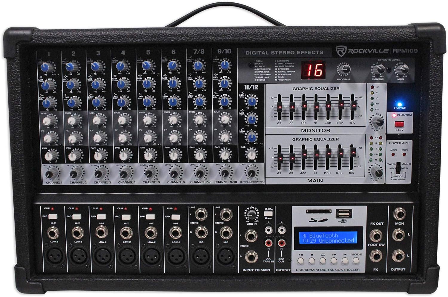 Rockville 12 Channel 4800w Powered Mixer, 7 Band EQ, Effects, USB, 48V (RPM109)