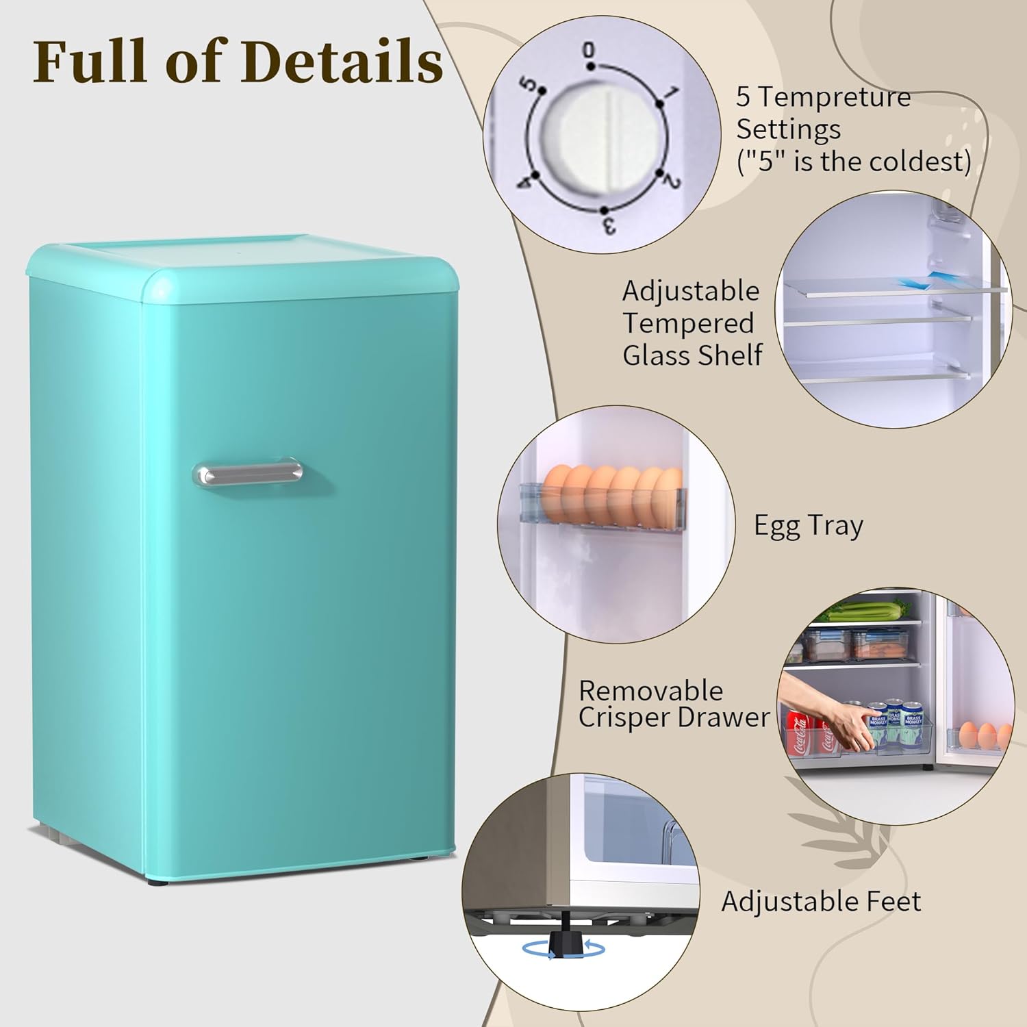 Retro Mini Fridge with Freezer, Compact Refrigerator for Bedroom with Freezer, Retro Small Fridge Freezer with Adjustable Thermostat&Shelf 3.6 Cu.Ft. Single Door Retro Fridge for Dorm Office(Blue)