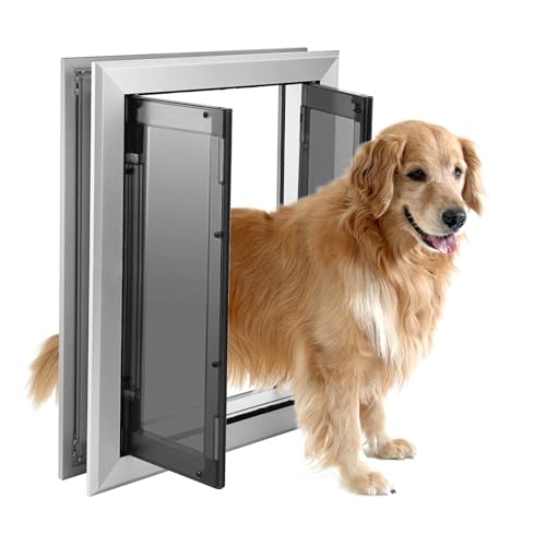 Large Dog Door, Weatherproof Aluminum Dog Door with Automatic Closing Double Panels Easy to Install Pet Door for Large Dogs and Cats, Closing Panel Included
