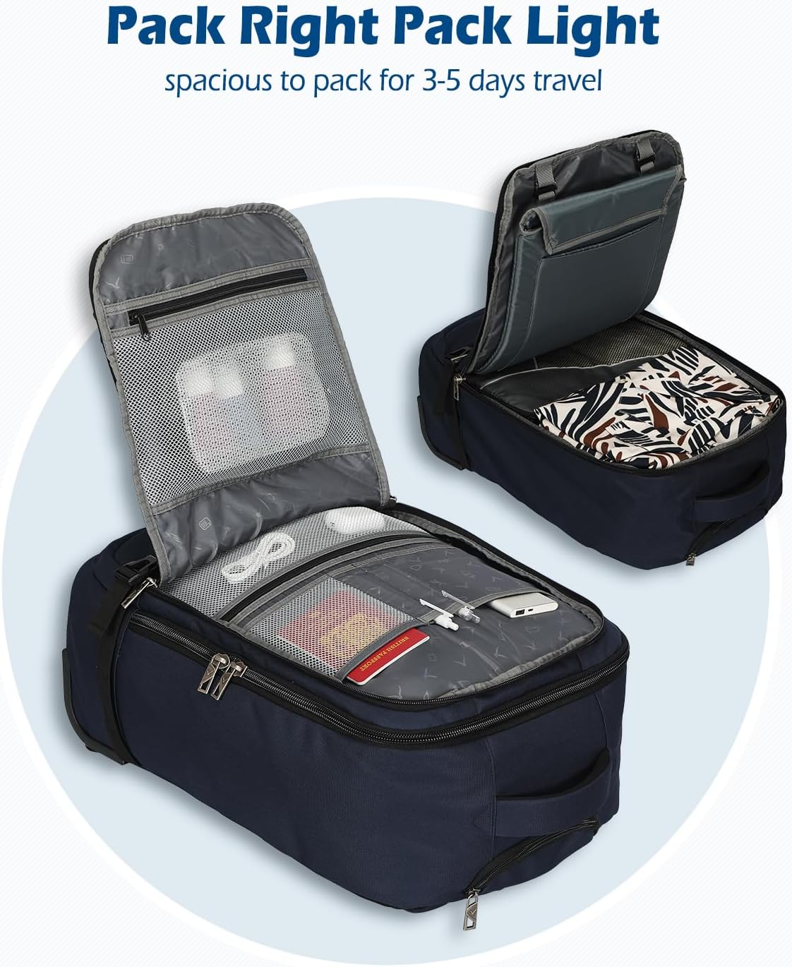 Hynes Eagle 42L Rolling Backpack Wheeled Backpack Flight Approved Travel Backpack Carry on Luggage Navy Blue with Grey