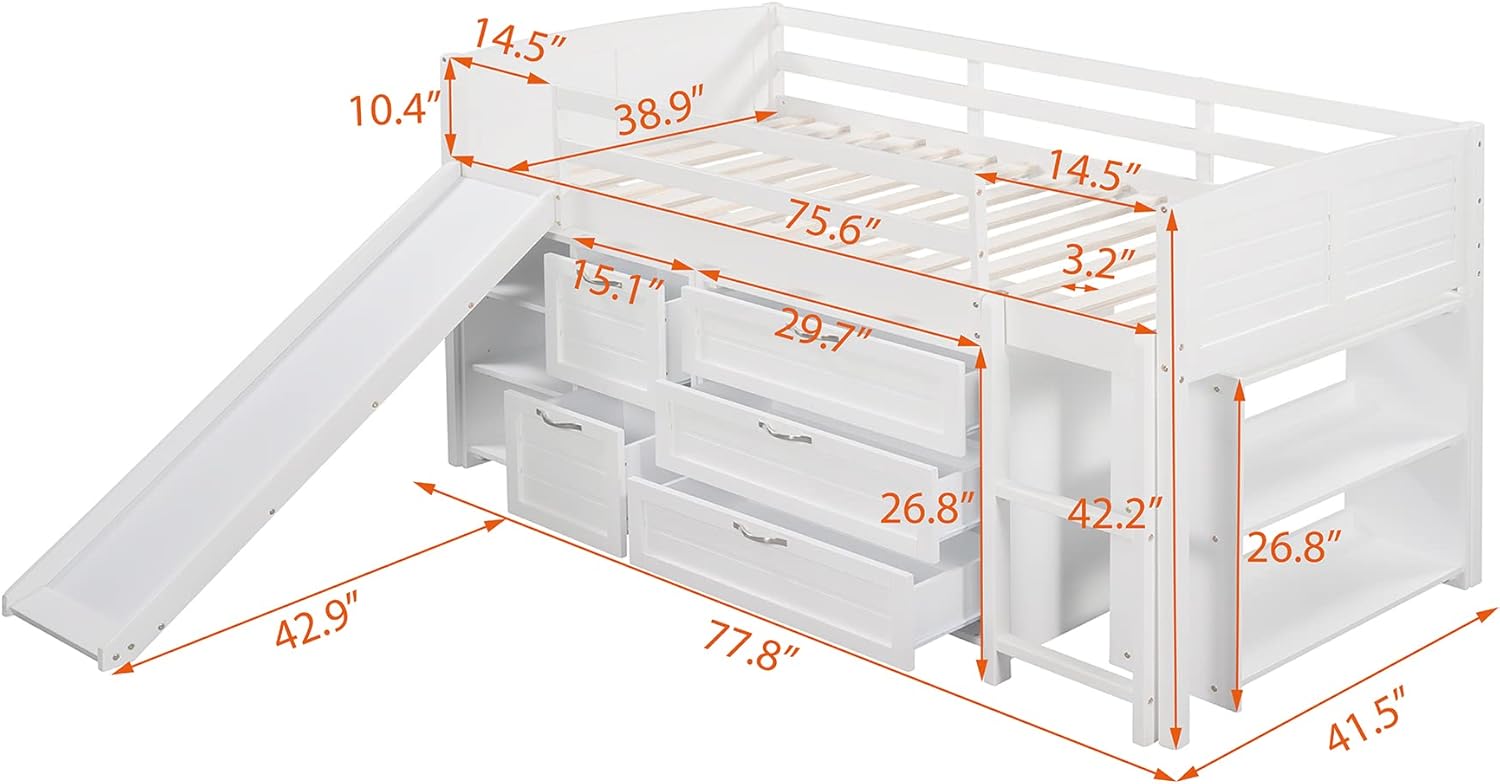 Twin Low Loft Bed with Slide, Storage Cabinets Drawers and Shelves, Wooden Space-Saving Loftbed Frame, for Kids Teens Bedroom, White