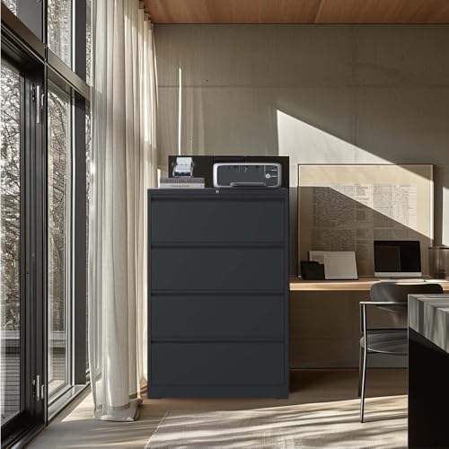 4 Drawer Metal Lateral File Cabinet with Lock Office Home Steel Vertical File Cabinet for A4 Legal/Letter Size Black