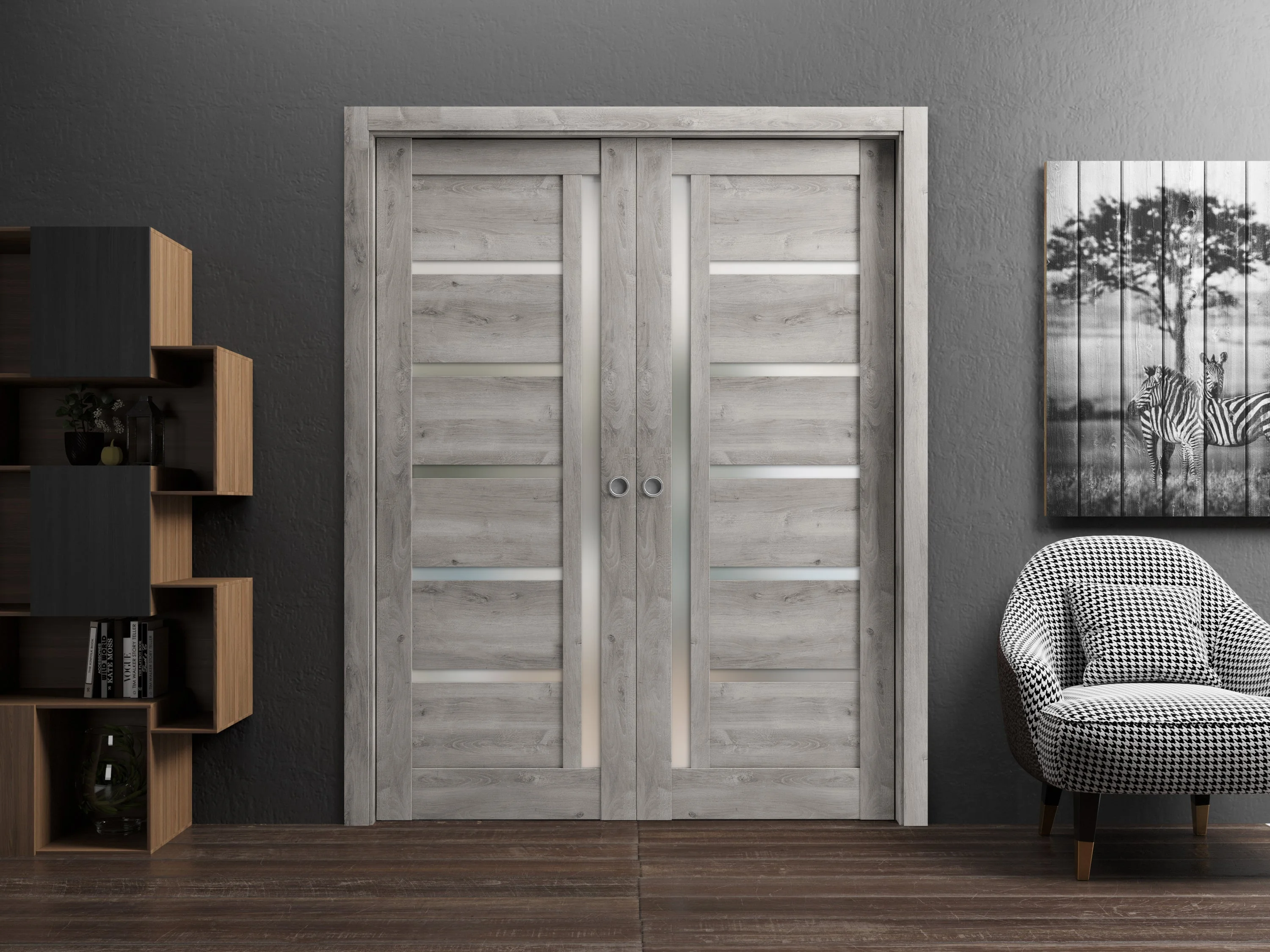 Sliding French Double Pocket Doors 84 x 80 inches | Quadro 4088 Nebraska Grey with Frosted Glass | Kit Trims Rail Hardware | Solid Wood Interior Bedroom Sturdy Doors