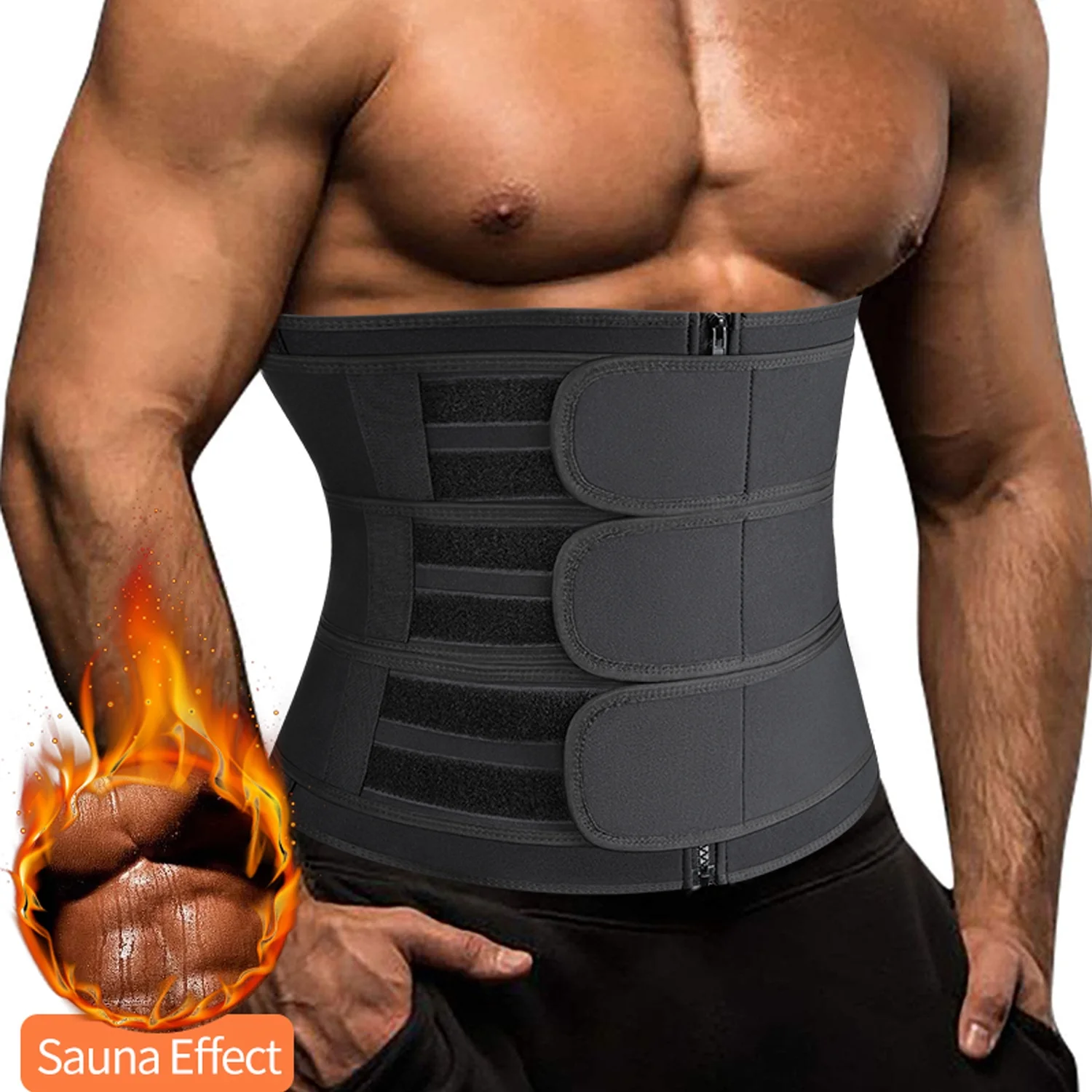 KIWI RATA Waist Trainer for Men Sweat Waist Trimmer Corset with 3 Straps Stomach Wraps Zipper Neoprene Workout Belt
