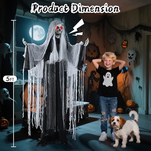LETIME 5 FT Witch Animatronic Halloween Decorations with Sound Activation and Glowing Red Eyes Life Size Scary Standing Witch Halloween Decorations Outdoor Animatronics