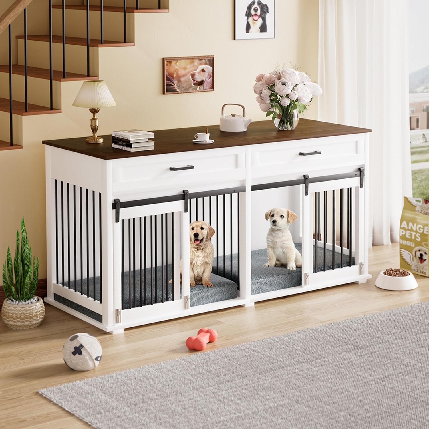 VEIKOU Dog Crate Furniture with 2 Storage Drawers, 2-in-1 Double Dog Kennel Furniture for Large Medium Small Dogs, Wooden Dog House Indoor with Removable Divider, Wide Tabletop for TV Stand, White
