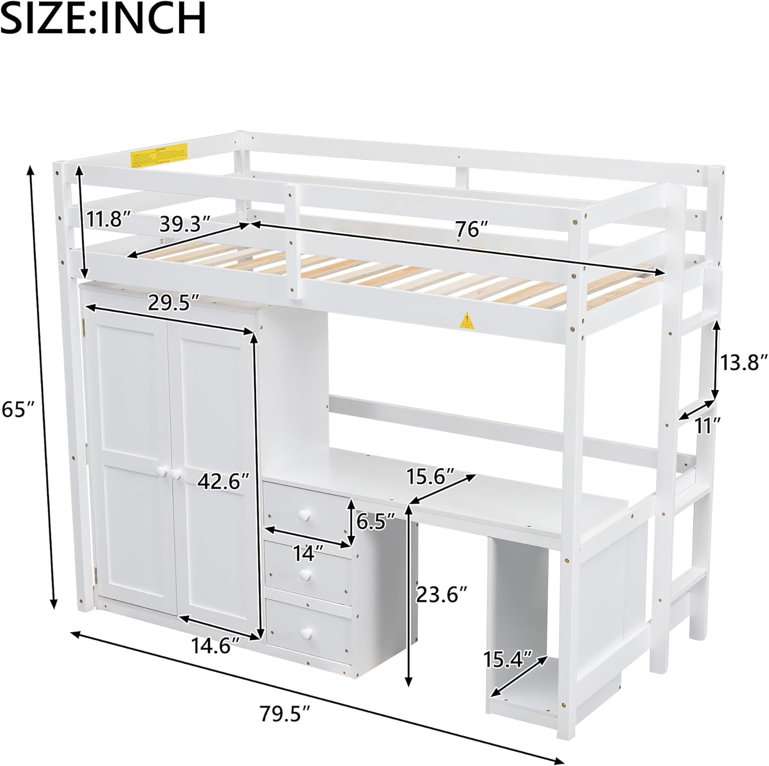 Twin Size Wood Loft Bed with Wardrobe, Desk and Storage Drawers, Versatile Wooden Loft Bed Frame with Large Storage Space for Kids, Boys and Girls, Space-Saving Design, Twin, White