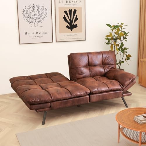 Futon Sofa Bed, Faux Leather Futons, Memory Foam Futon Couch, Convertible Sleeper Sofa, Modern Loveseat Couch Bed for Living Room, Apartment, Office, Dormitory, Brown, Updated Quality