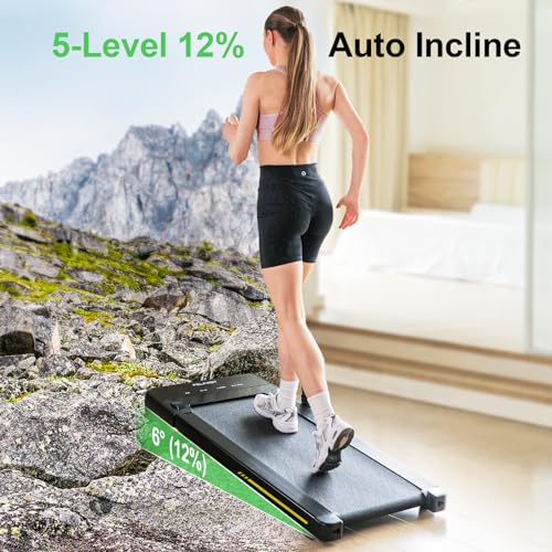 Walking Pad Treadmill with 12% 6° Auto Incline, Under Desk Treadmill for Home Office w/Remote Control, 6 HIIT Mode, 265Lbs Weight Capacity, 4 MPH Max, Desk Treadmill in LED Display