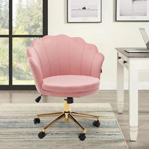 RUNFAYBIU Velvet Swivel Vanity Chair with High Backrest  Chair Upholstered Desk Chair with Wheels Adjustable Seashell Back Home Office Chair for Living Room Bedroom   Office  Pink