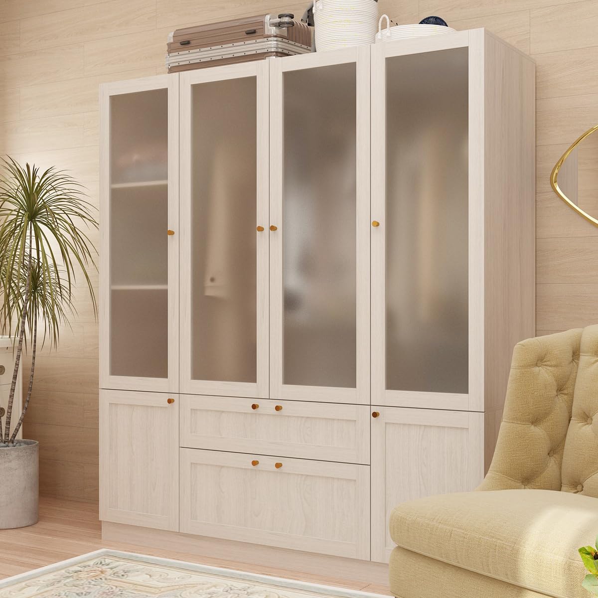 Homsee Armoire Wardrobe Closet with 4 Frosted Glass Doors, Hanging Bars, Shelves & Drawers, Wooden Closet Storage Cabinet for Bedroom, Warm Grey (63”L x 19.7”W x 70.9”H)