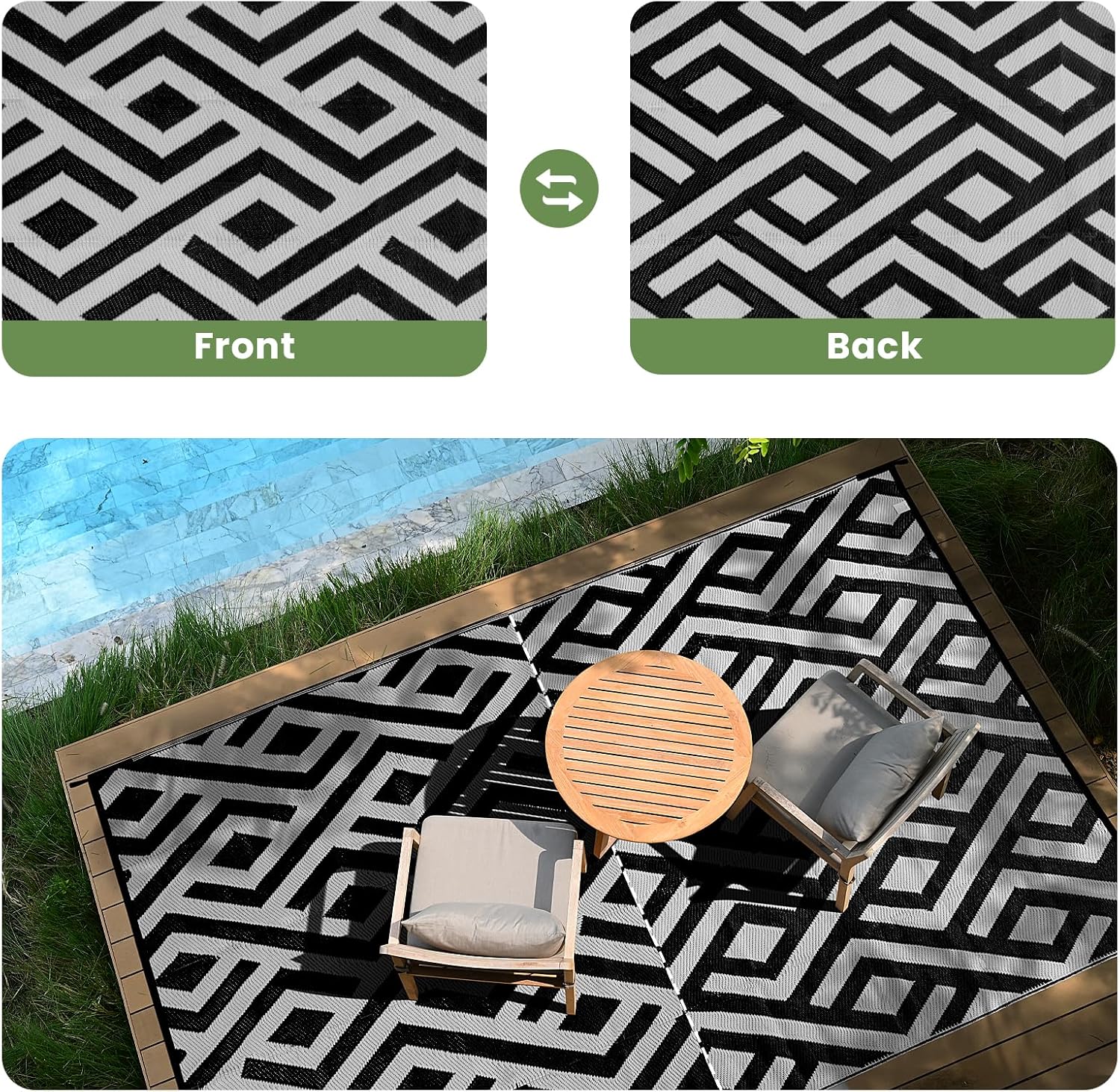 8x10 Outdoor Patio Rug with Carry Bag, Waterproof Outdoor Plastic Straw Rug RV Camping Rug, Reversible Picnic Mat Outside Carpet for Backyard, Campsite, Garden, Deck - Black & Light Grey