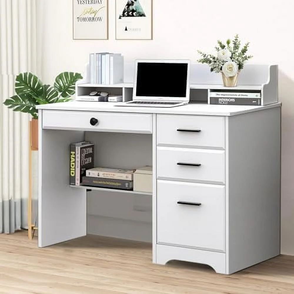 White Desk with Drawers  44" Wood Executive Computer Desk for  Office Student Writing Table with 4  Drawers and Hutch  Small Desk with File Drawer for Bedroom  Small Space  White