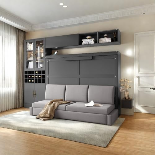 Full Size Folding Murphy Bed Frame with Sofa and Storage Shelves, Wooden Murphy Wall Bed Cabinet with USB & Light, No Box Spring Needed, White