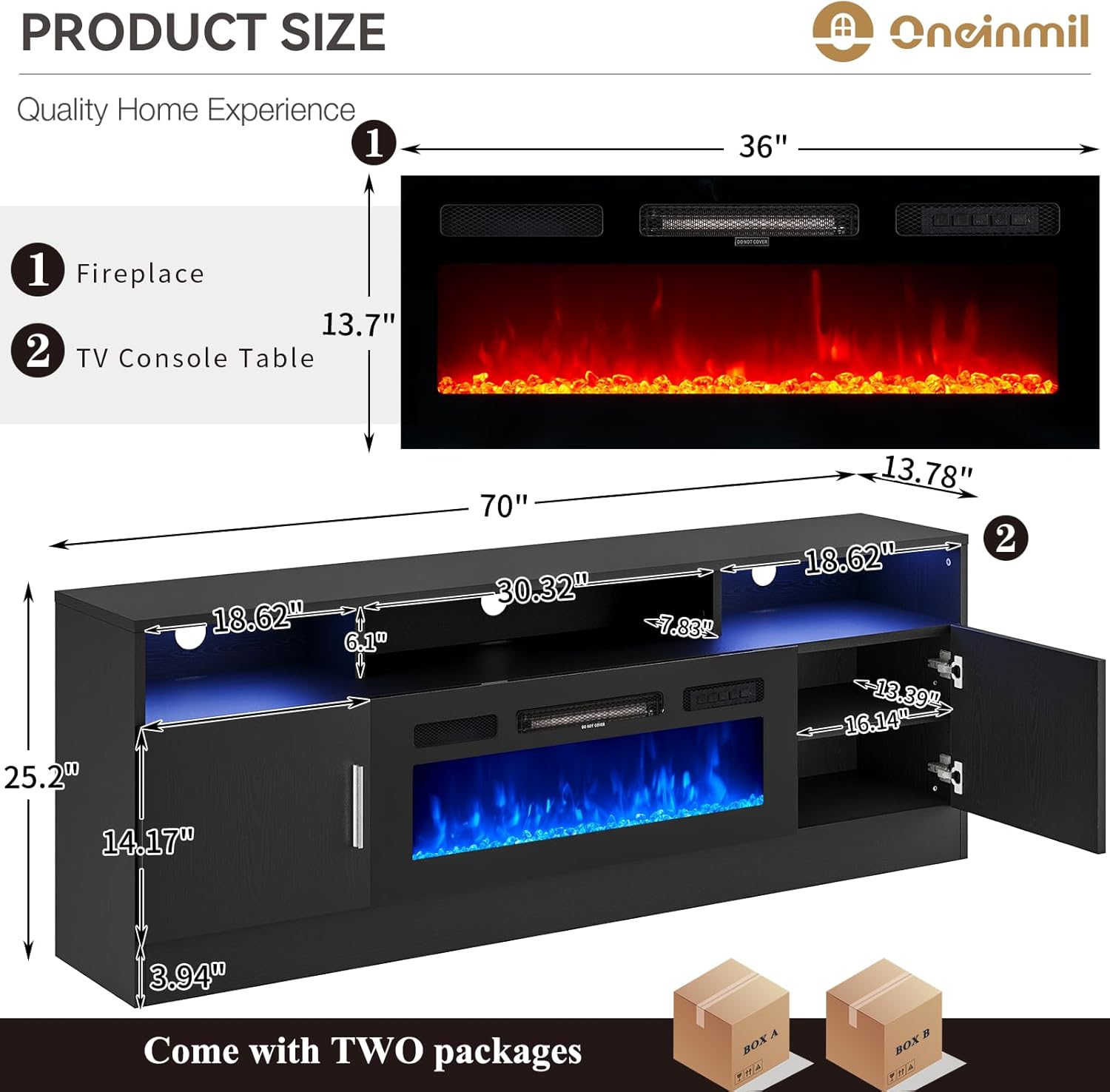 oneinmil Fireplace TV Stand with 36” Electric Fireplace, 70” Fireplace Entertainment Center LED Lights, 2 Tier TV Console for TVs Up to 80