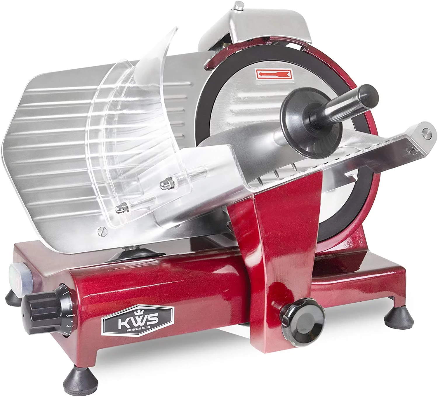 KWS MS-10XT Premium Commercial 320W Electric Meat Slicer 10-Inch in Red with Non-sticky Teflon Blade, Frozen Meat/ Deli Meat/ Cheese/ Food Slicer Low Noises Commercial and Home Use