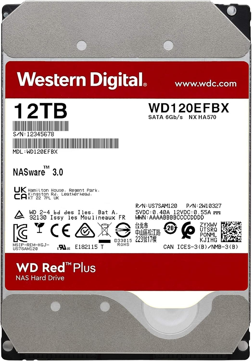 Western Digital 12TB WD Red Plus NAS Internal Hard Drive HDD - 7200 RPM, SATA 6 GB/s, CMR, 512 MB Cache, 3.5 - WD120EFBX